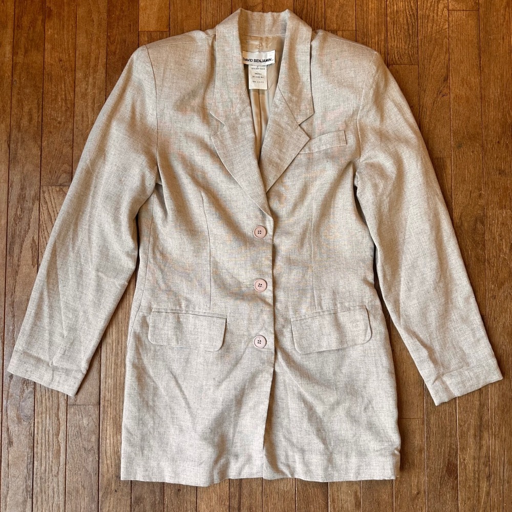 Linen Blend 80s David Benjamin Blazer Womens 8 Beige Professional Office Career